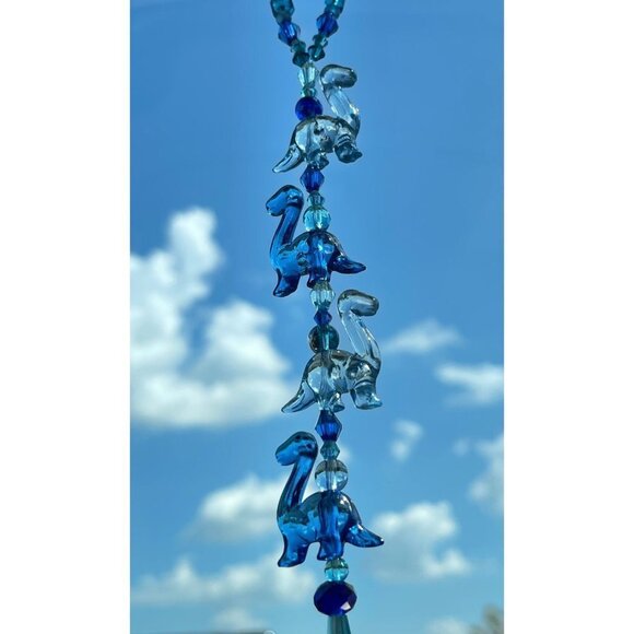 Dinosaur Beaded Suncatcher Rearview Mirror Ornament Blue Crystal Prism Car Charm - Picture 1 of 10